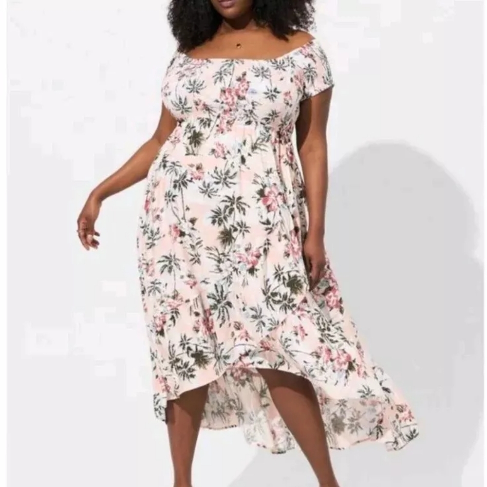 Torrid Maxi Challis Off / On Shoulder Tulip High Low Dress